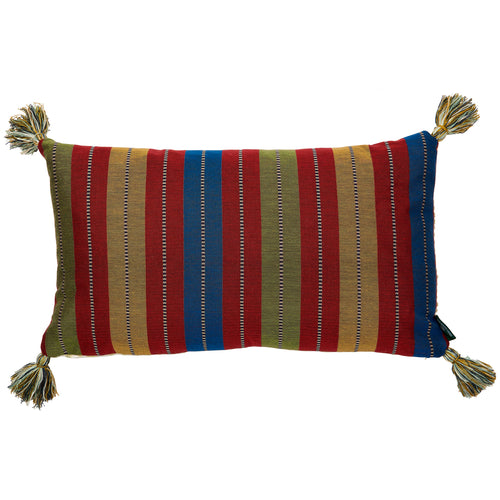 Multicolour Rustic Stripe and Batik Stripe Green Cushion with Green Tassels