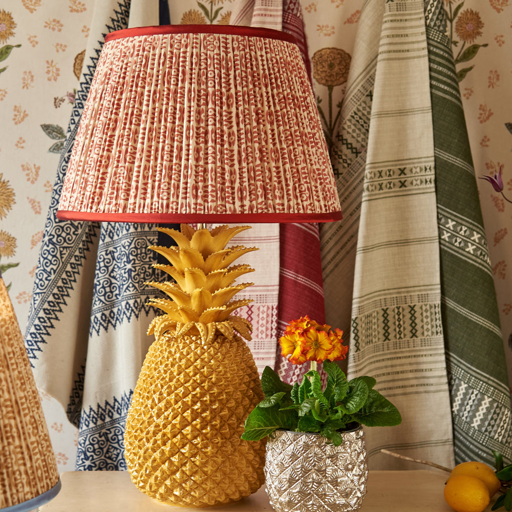 Red on White Tribal Pleated Silk Lampshade with Red Trim 2