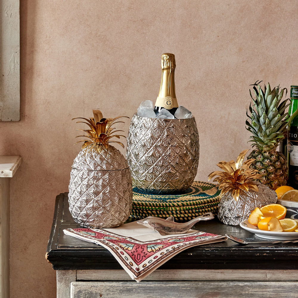 Large Silver-Plated Pineapple Ice Bucket with Brass Leaves 2