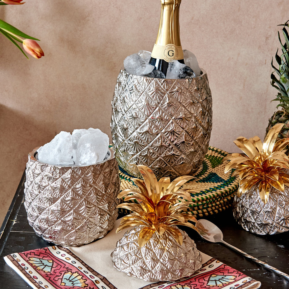 Small Silver-Plated Pineapple Ice Bucket with Brass Leaves 2