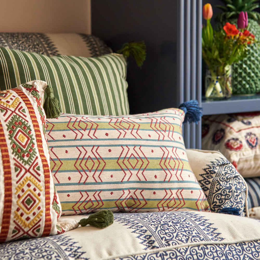 Azteca Stripe Leaf and Ashok Petrol Cushion with Blue Tassels 3