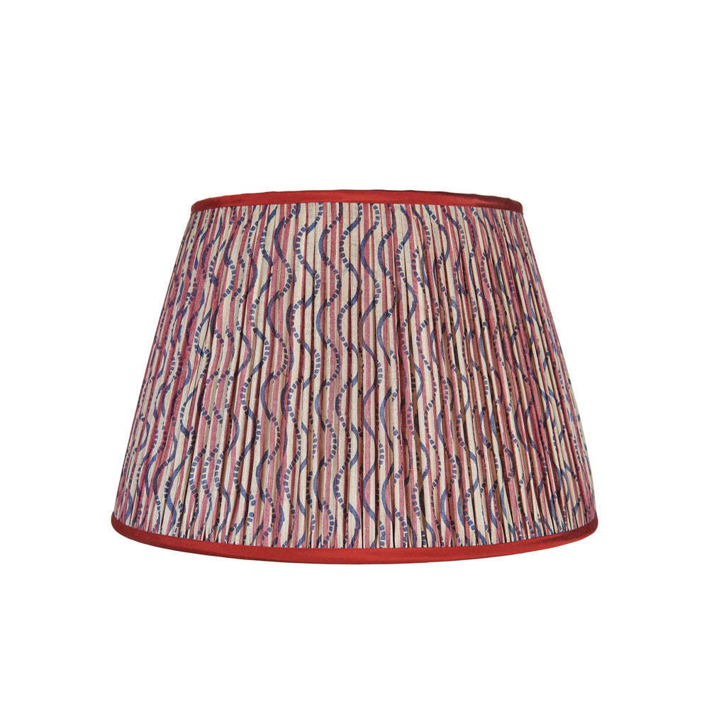 8" Red and Blue Stripe and Squiggle Pleated Silk Lamp Shade with Red Trim 1