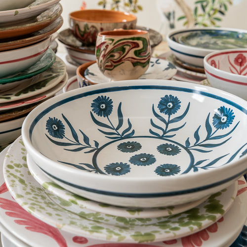 Blue Summer Flower Ceramic Shallow Bowl