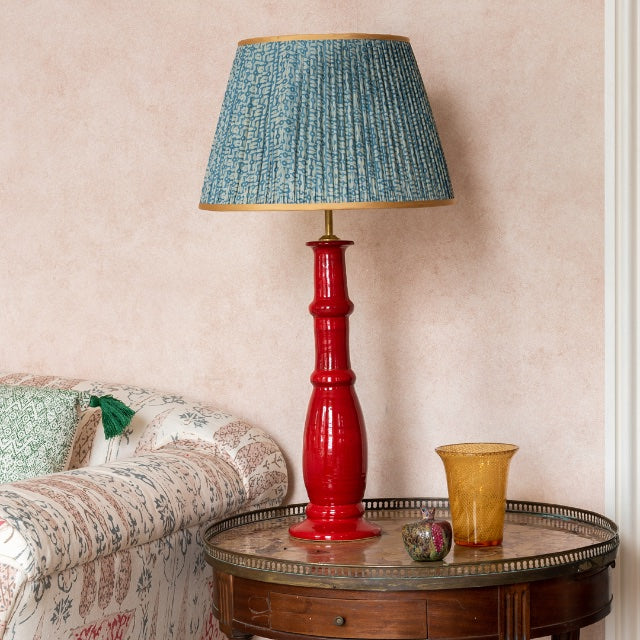 Penny-Morrison-Blue-and-White-Patterned-Pleated-Silk-Lampshade-with-Golden-Trim-Straight-Empire-Pleated-Gathered-Unique-Stylish-Colourful-Quirky-Floral-Patterned