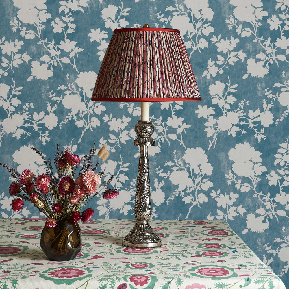 8" Red and Blue Stripe and Squiggle Pleated Silk Lamp Shade with Red Trim 2