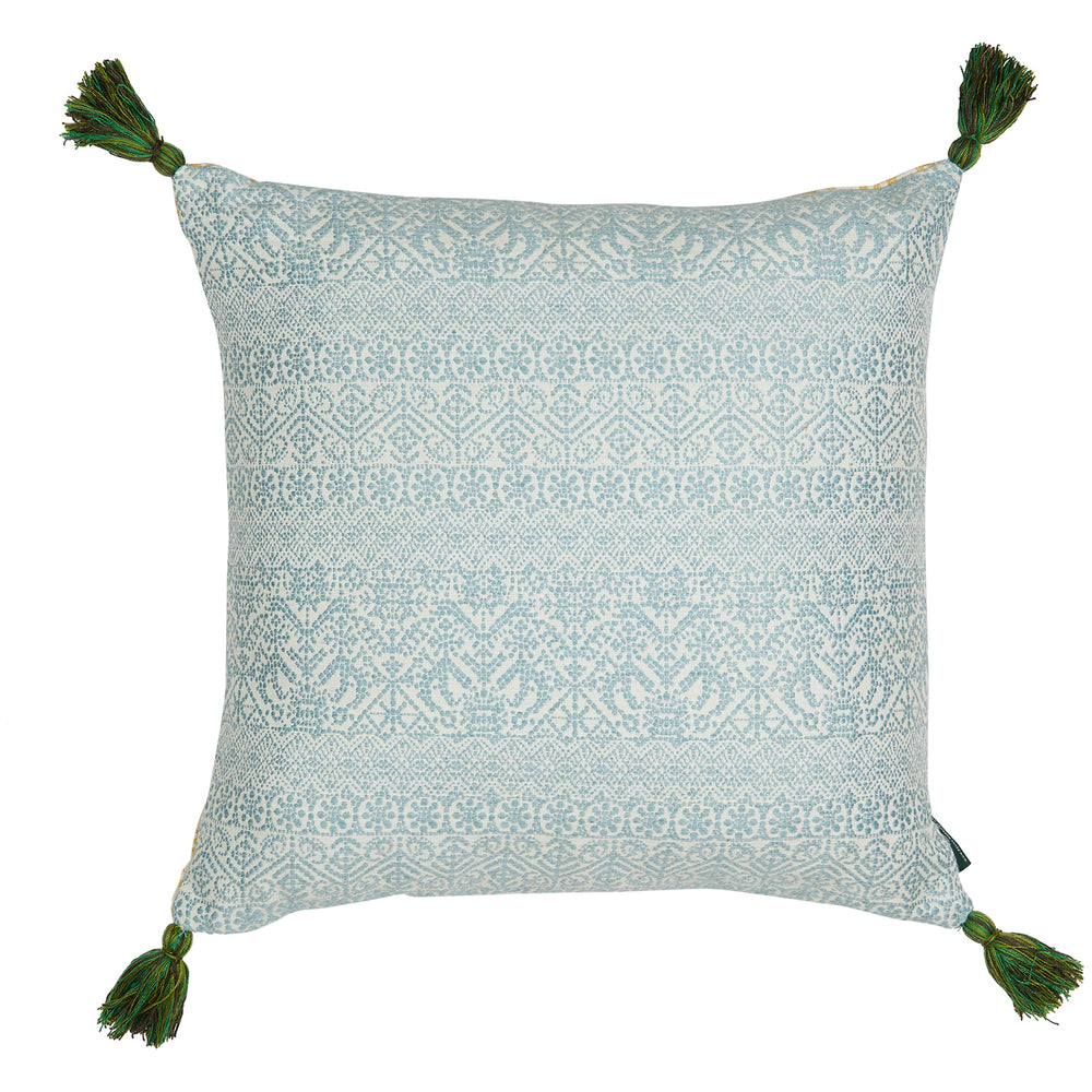 Buriam Light Blue and Ashok Yellow Cushion with Green Tassels 1