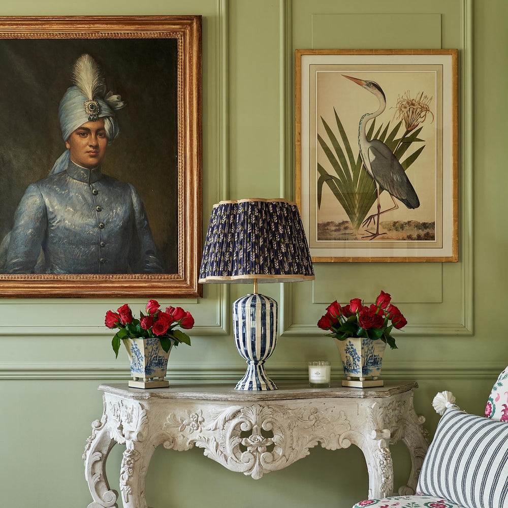 Green on Blue Marigold Pleated Silk Scalloped Lampshade with Gold Trim 2