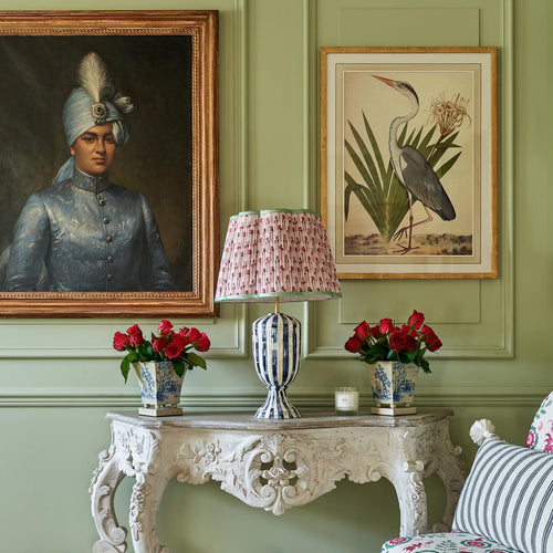 Red on Pink Marigold Pleated Silk Scalloped Lampshade with Mint Trim