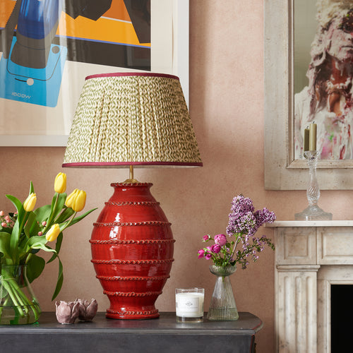 Green Trellis Pleated Silk Lampshade with Burgundy Trim