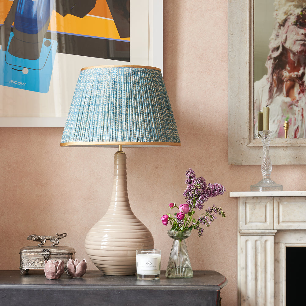 White on Blue Tribal Pleated Silk Lampshade with Gold Trim 2