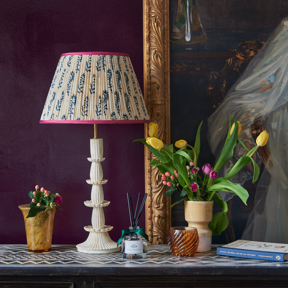 Blue Flower on Cream Pleated Silk Lampshade with Pink Trim 2