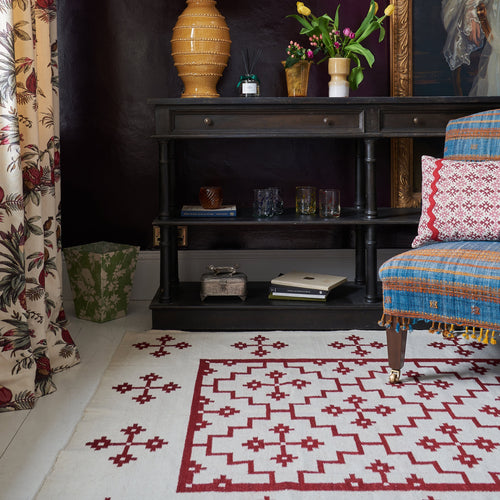 Red on White Geometric Rug