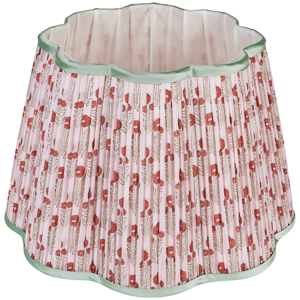 Red on Pink Marigold Pleated Silk Scalloped Lampshade with Mint Trim 4