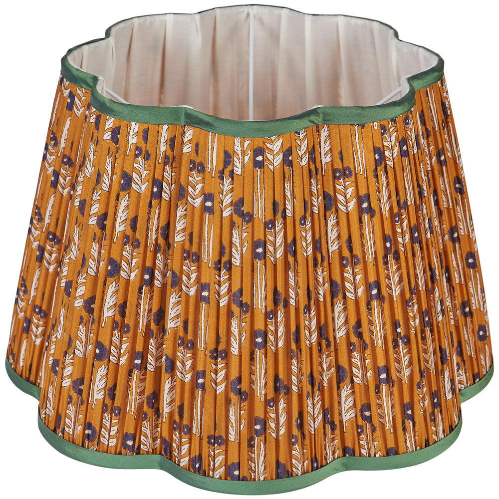 Blue on Cinnamon Marigold Pleated Silk Scalloped Lampshade with Green Trim 3
