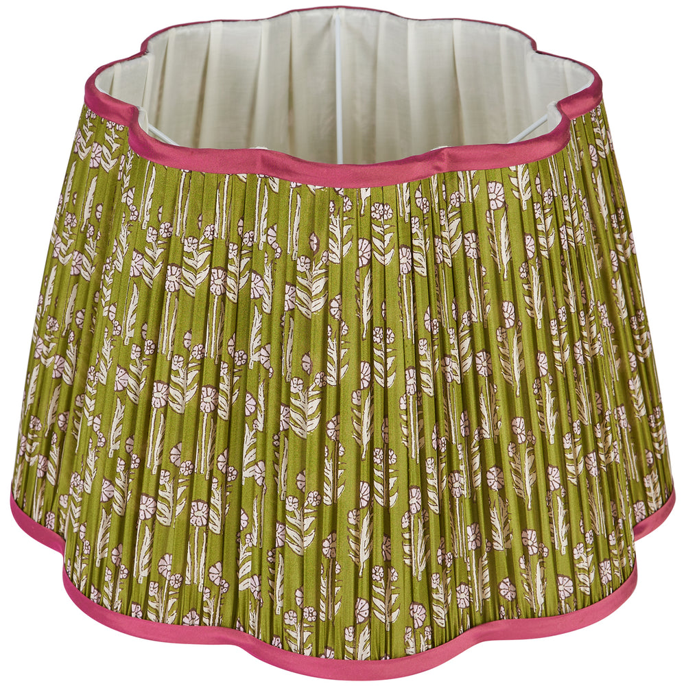 Pink on Green Marigold Pleated Silk Scalloped Lampshade with Pink Trim 3