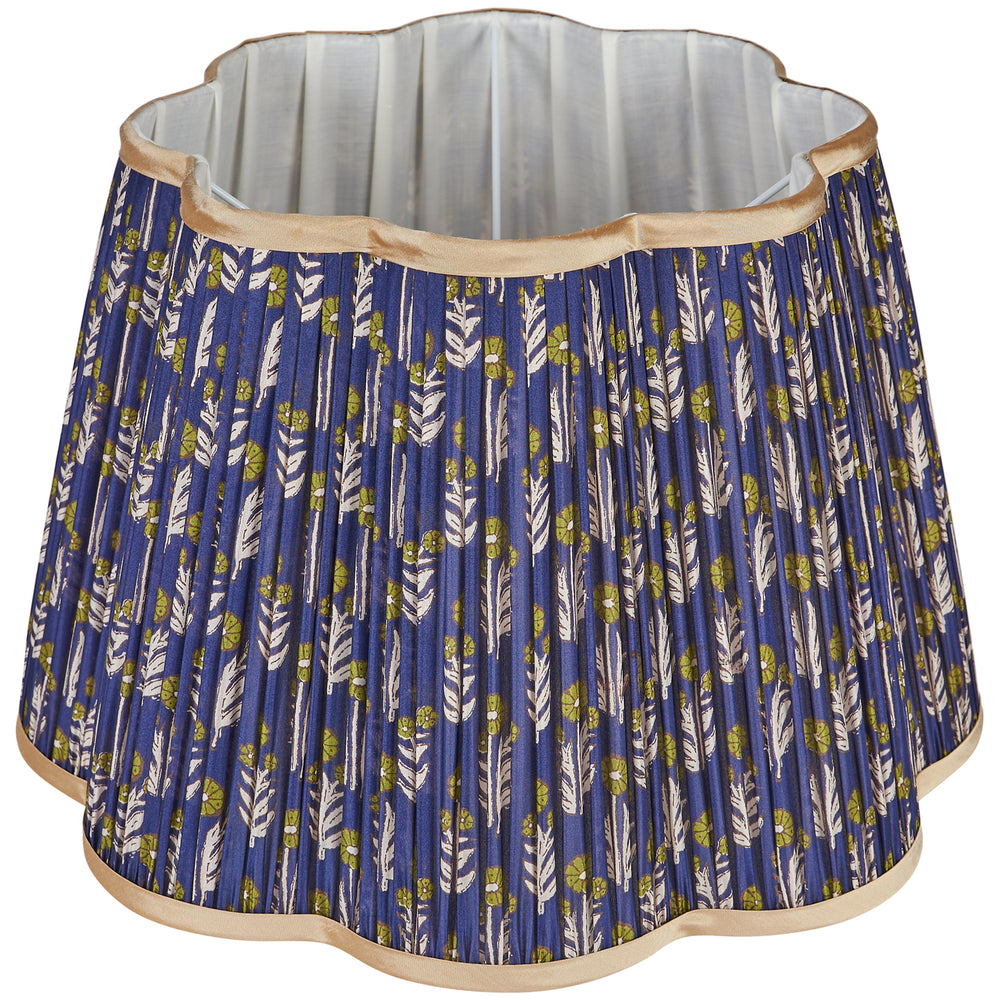 Green on Blue Marigold Pleated Silk Scalloped Lampshade with Gold Trim 3