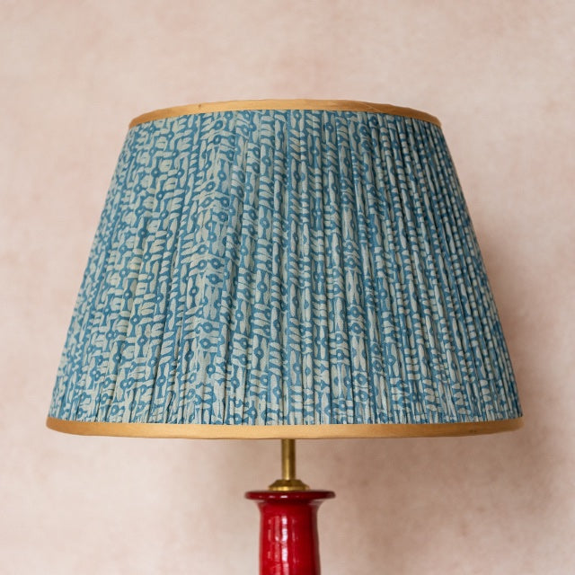 White on Blue Tribal Pleated Silk Lampshade with Gold Trim 4