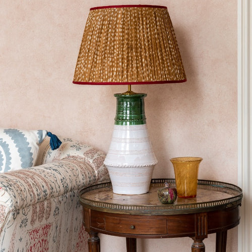 Brown and White Spotted Pleated Silk Lampshade with Red Trim