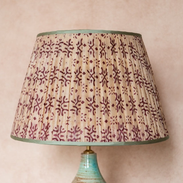 Penny-Morrison-Cream-and-Purple-Patterned-Pleated-Silk-Lampshade-with-Mint-Trim-Straight-Empire-Pleated-Gathered-Unique-Stylish-Colourful-Quirky- Patterned