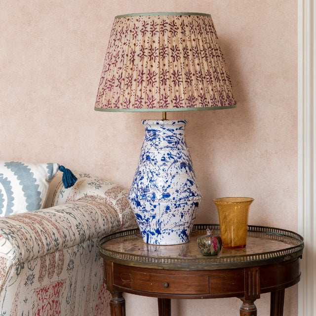 Penny-Morrison-Cream-and-Purple-Patterned-Pleated-Silk-Lampshade-with-Mint-Trim-Straight-Empire-Pleated-Gathered-Unique-Stylish-Colourful-Quirky- Patterned