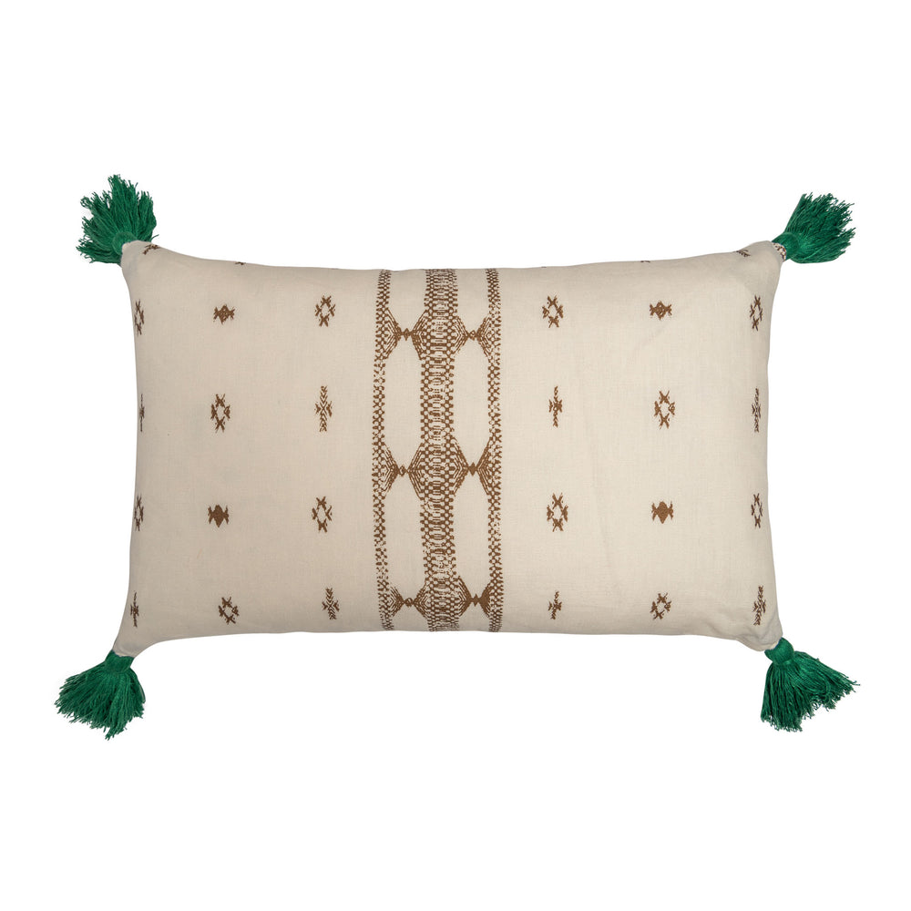 Penny-Morrison-Diamond-Ethnic-Muskat-Indira-Stripe-Chocolate-Linen-Cushion-with-Green-Tassels-rectangle-pillow-soft-accessory-long-linen-neutral-brown-green-ethnic-bohemian-check-tartan-chocolate-earthy-beige