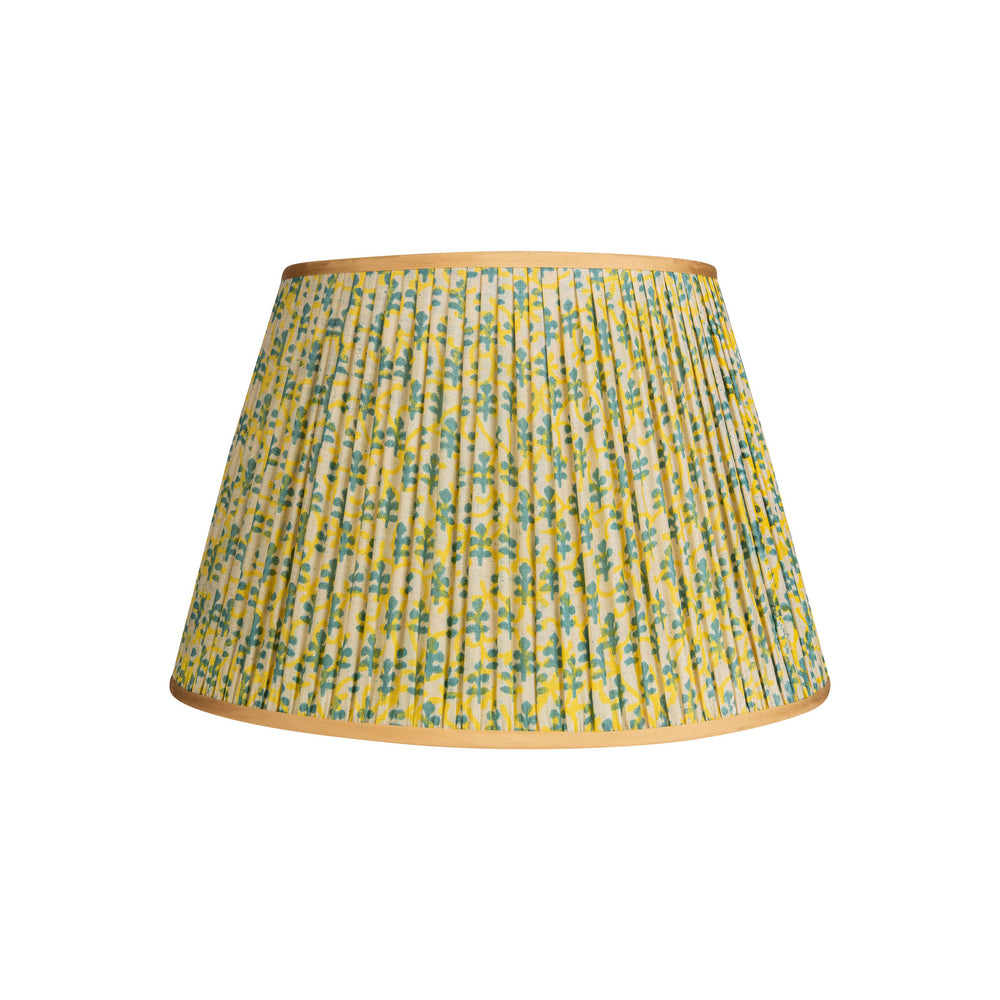 Yellow and Green Leaf Pleated Silk Lampshade with Gold Trim 1