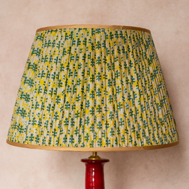 Yellow and Green Leaf Pleated Silk Lampshade with Gold Trim 3