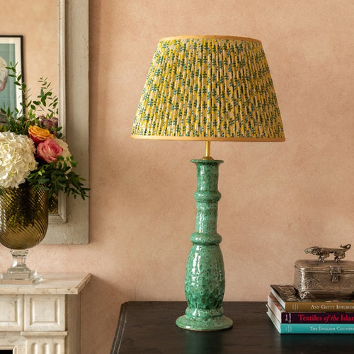 Yellow and Green Leaf Pleated Silk Lampshade with Gold Trim