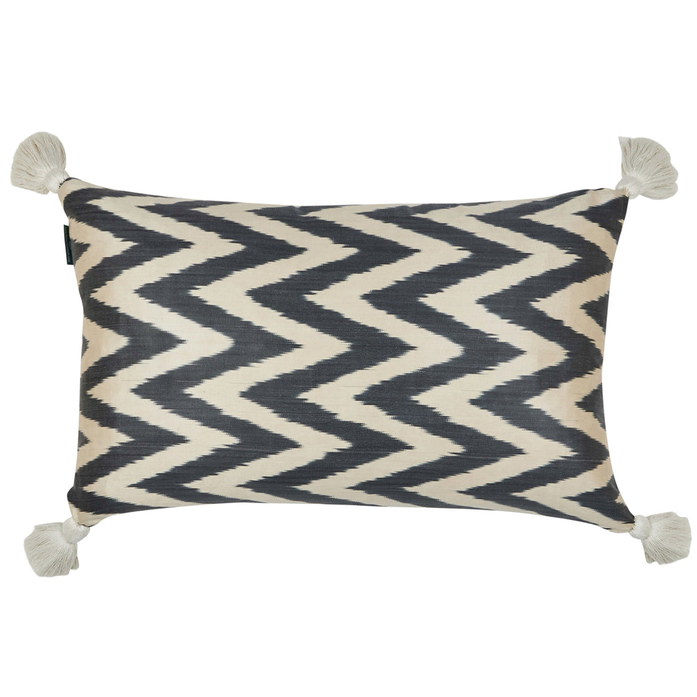 Limited Edition Charcoal and White Zig Zag Silk Cushion with Natural Linen Reverse and White Tassels 1