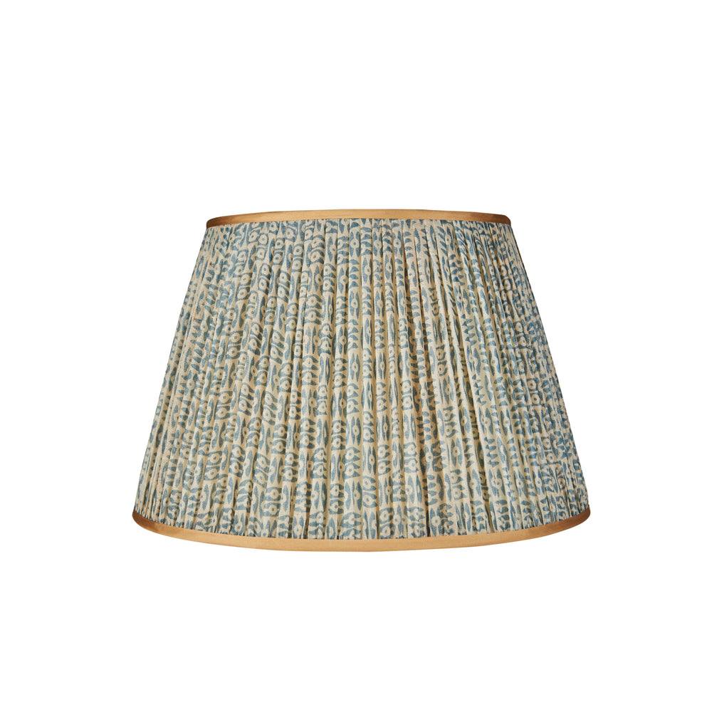 Blue on White Tribal Pleated Silk Lampshade with Gold Trim 1