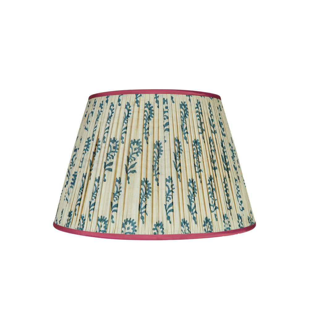 Blue Flower on Cream Pleated Silk Lampshade with Pink Trim 1