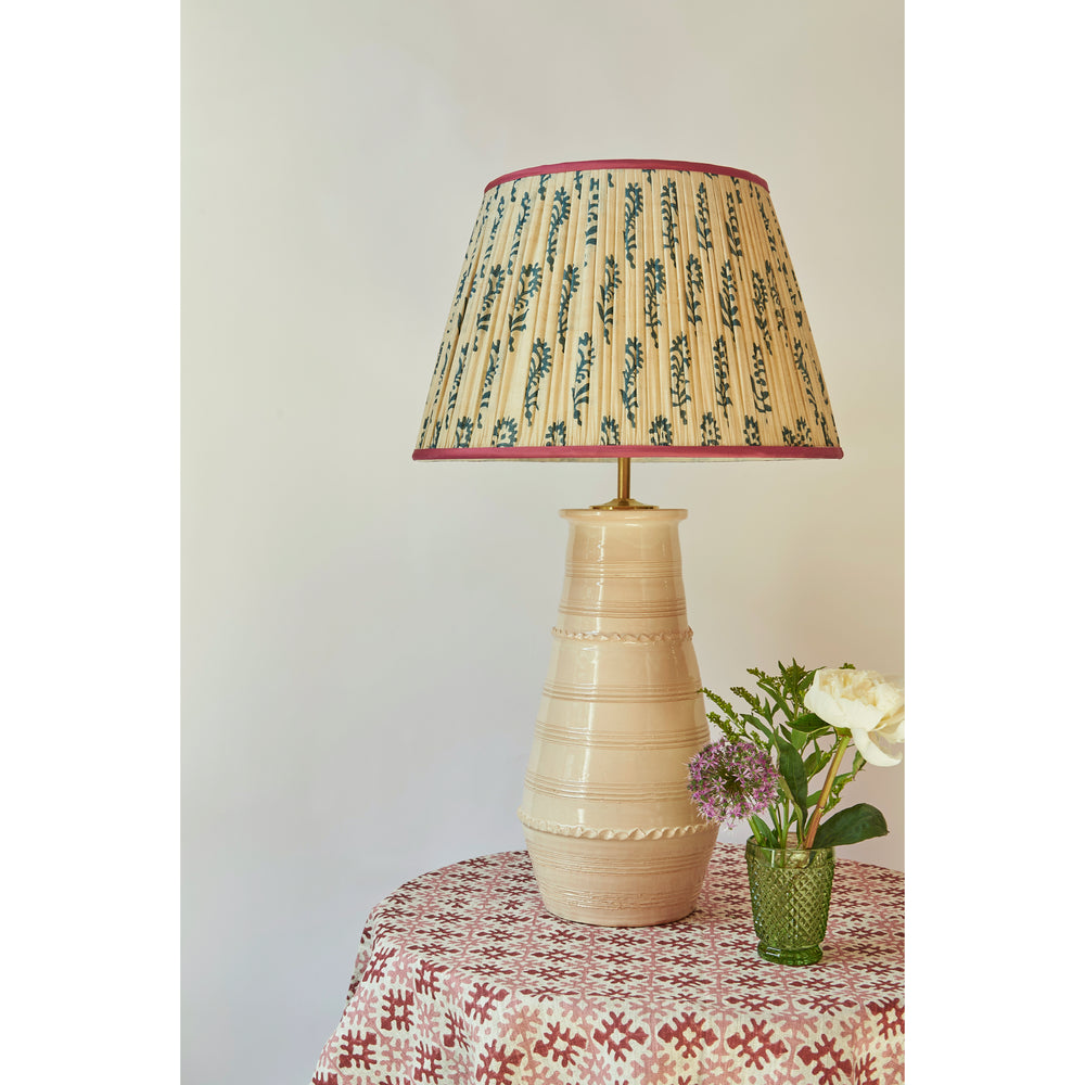 Blue Flower on Cream Pleated Silk Lampshade with Pink Trim 3