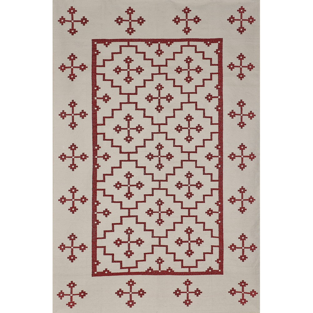 Red on White Geometric Rug 1