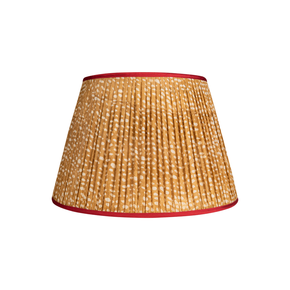 Brown and White Spotted Pleated Silk Lampshade with Red Trim 1