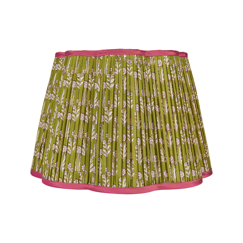 Pink on Green Marigold Pleated Silk Scalloped Lampshade with Pink Trim 1