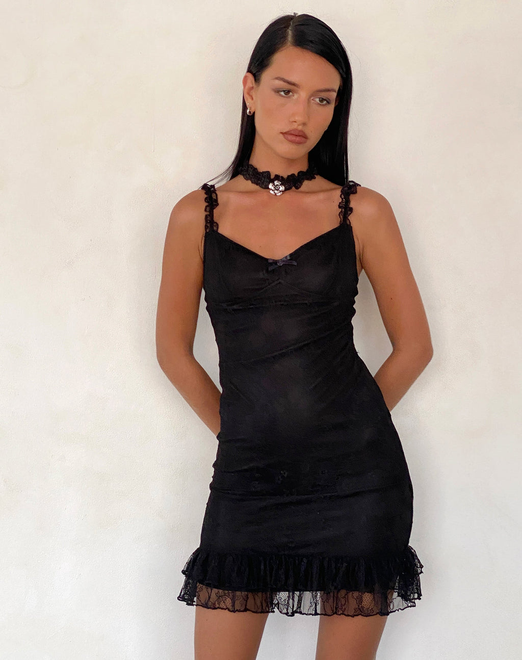 Black Strappy Satiny Bodycon Lace Trim Mini Dress