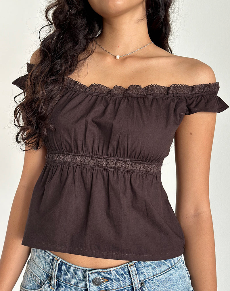 Gapita Bardot Top in Poplin Deep Mahogany