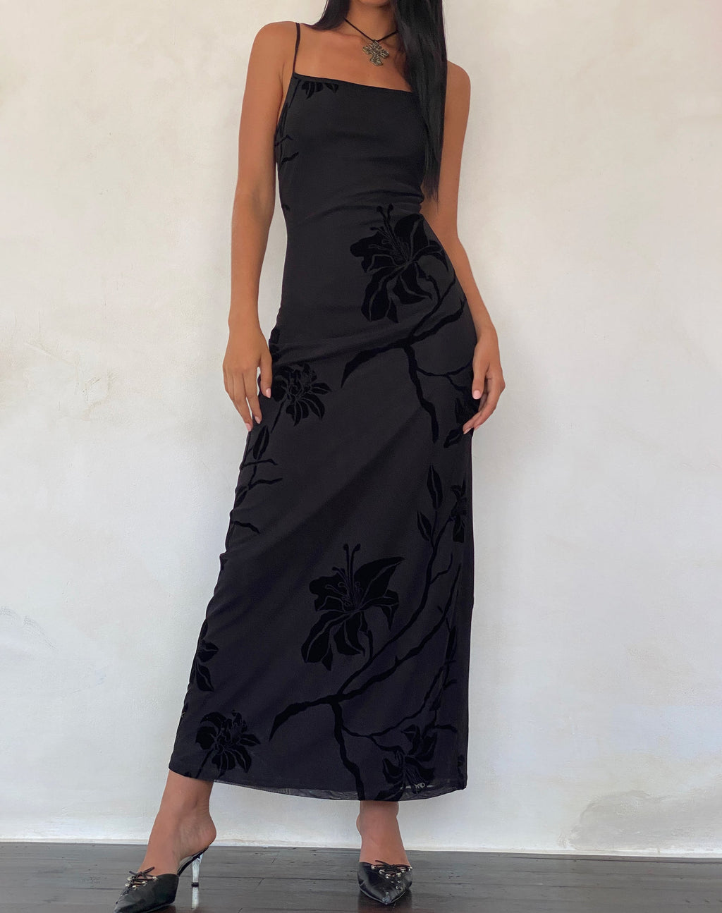 Mesh Black Abstract Flower Flock Long Sleeve Mini Dress