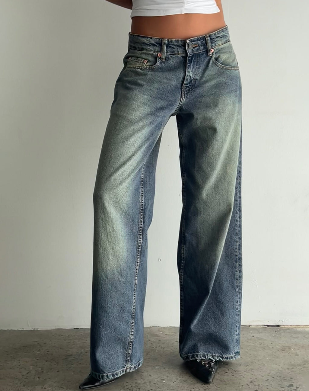 Roomy Extra Wide Low Rise Jeans in Vintage Blue Green