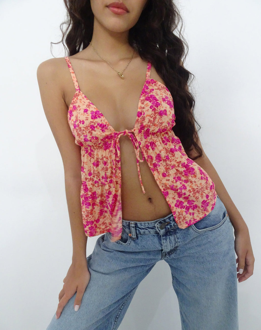 Ditsy Floral Green Tie Front Cami Top