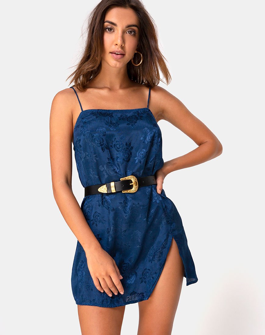 navy blue satin slip dress
