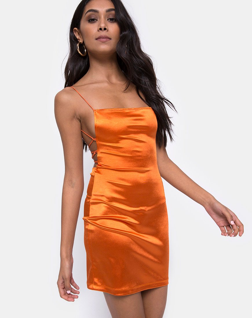 orange satin mini dress