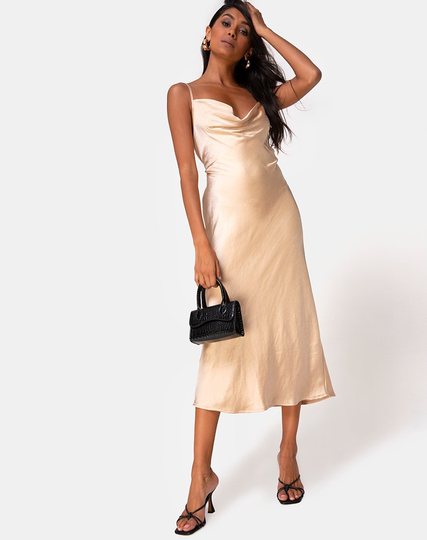 satin slip dress gold