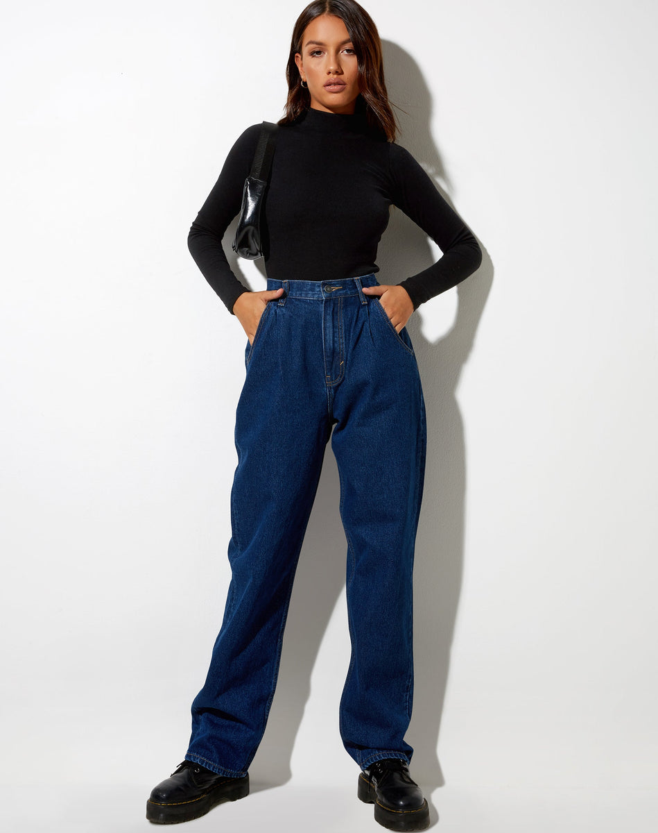 High Waisted Indigo Blue Straight Wide Leg Denim Jeans | Pleated ...