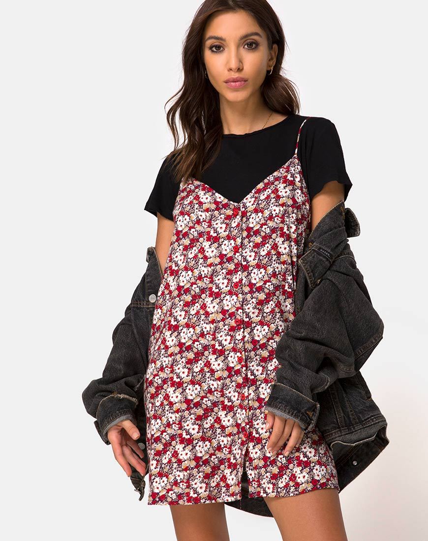 red floral slip dress