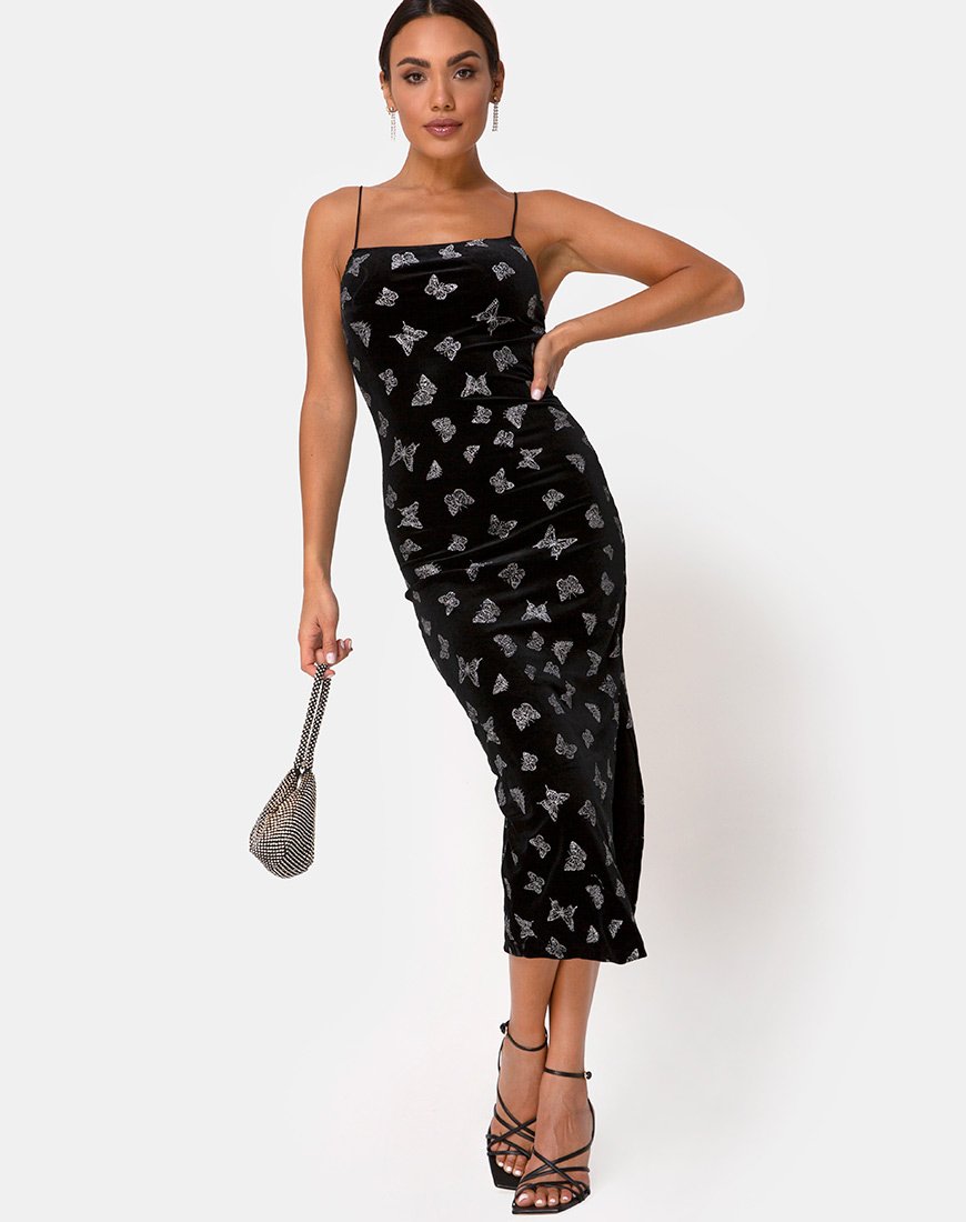 black glitter strappy midi dress