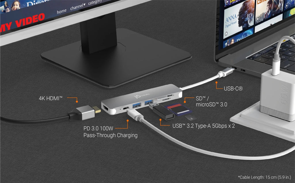 j5create USB-C Multi-Adapter HDMI/Ethernet/USB 3.0 HUB/PD 2.0, Compatible  with Windows®/ macOS®/ Chrome OS™ Compatible, JCA374 