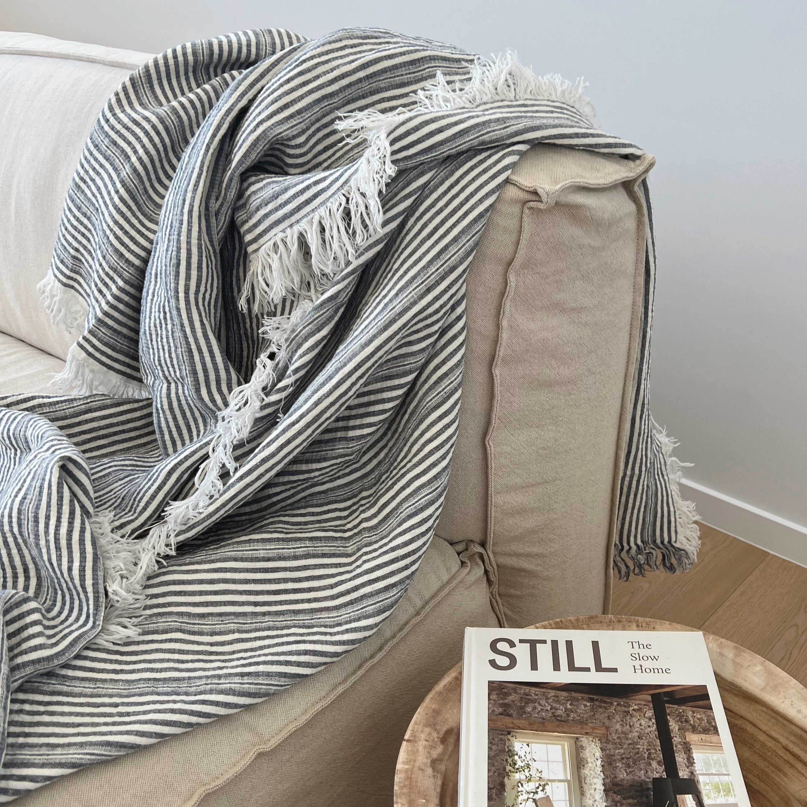 Blue Coastal Striped Linen Throw Blanket