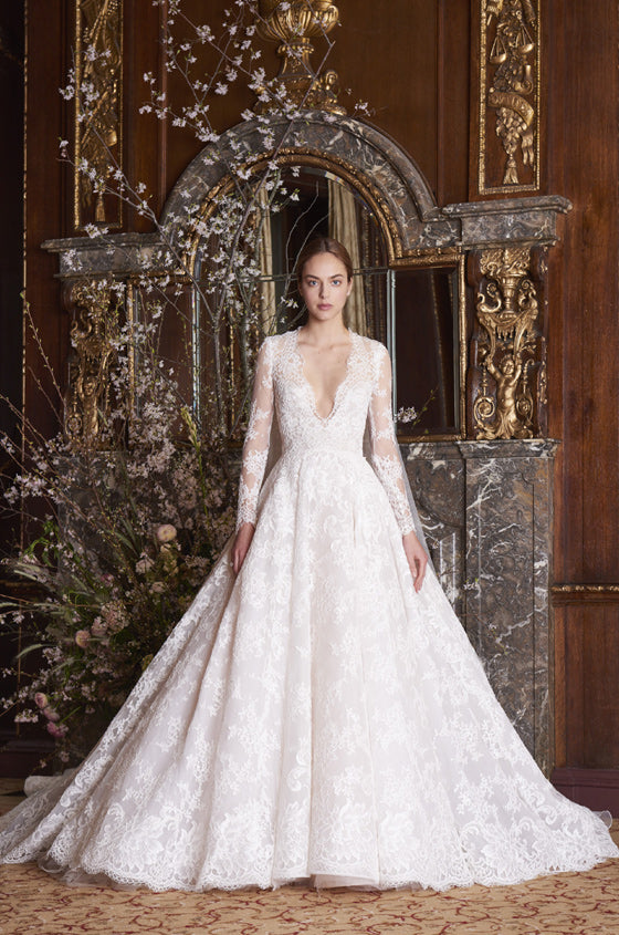 monique lhuillier long sleeve lace wedding dress