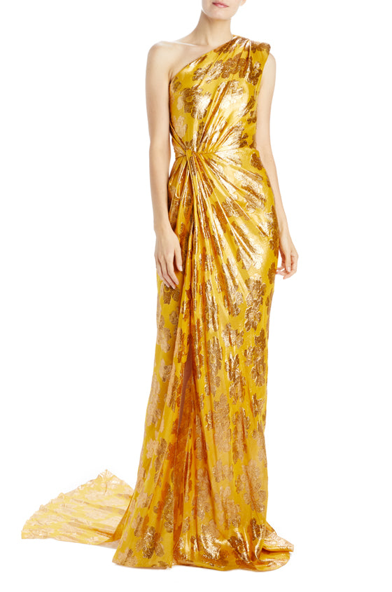 gold one shoulder gown